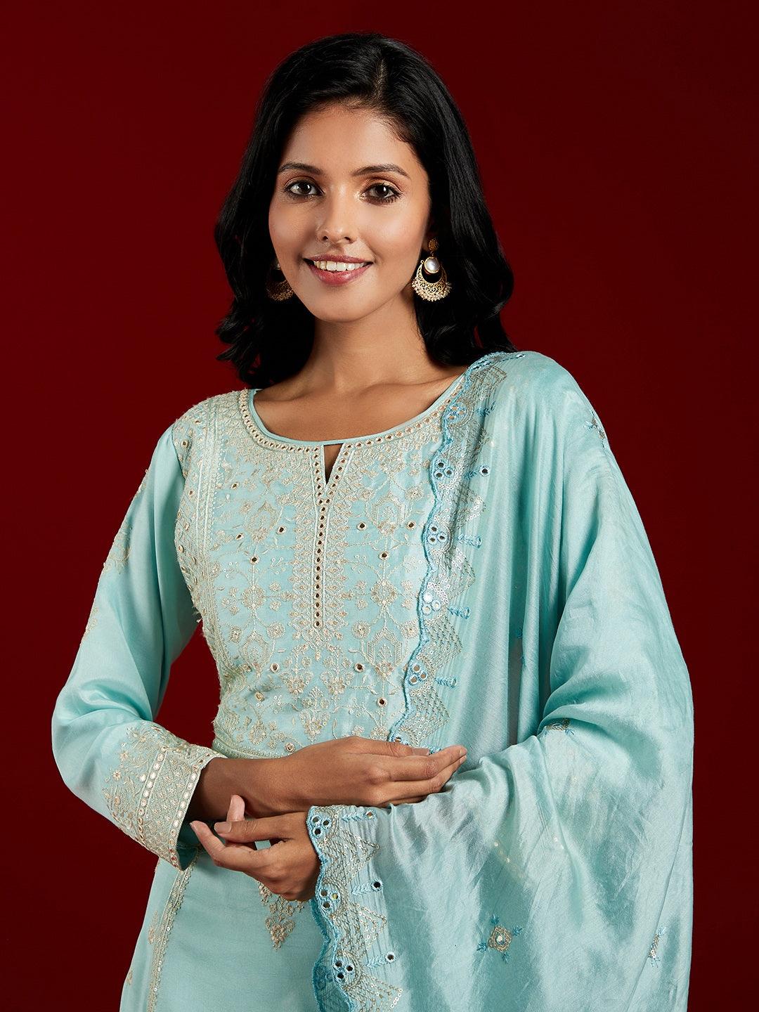 Libas Art Sea Green Embroidered Silk Blend A-Line Kurta With Trousers & Dupatta