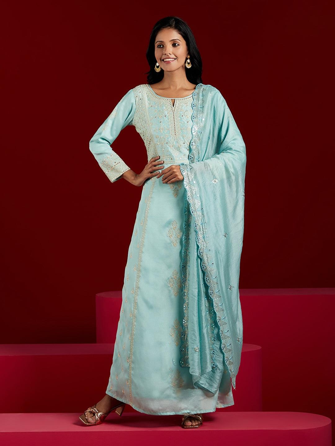 Libas Art Sea Green Embroidered Silk Blend A-Line Kurta With Trousers & Dupatta