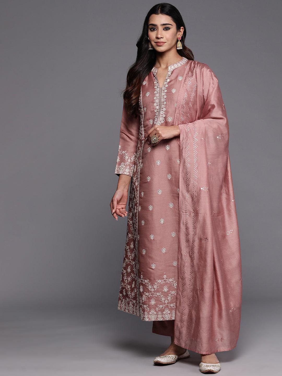 Libas Art Peach Embroidered Silk Blend A-Line Kurta With Trousers & Dupatta