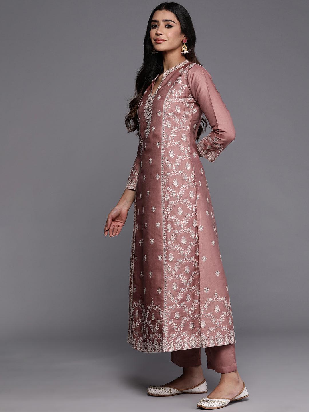 Libas Art Peach Embroidered Silk Blend A-Line Kurta With Trousers & Dupatta