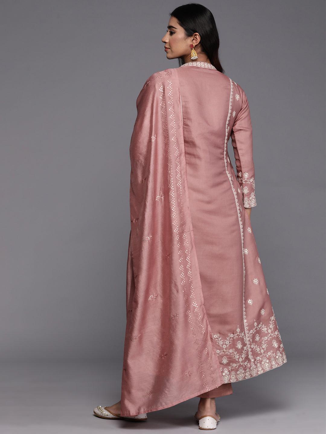 Libas Art Peach Embroidered Silk Blend A-Line Kurta With Trousers & Dupatta