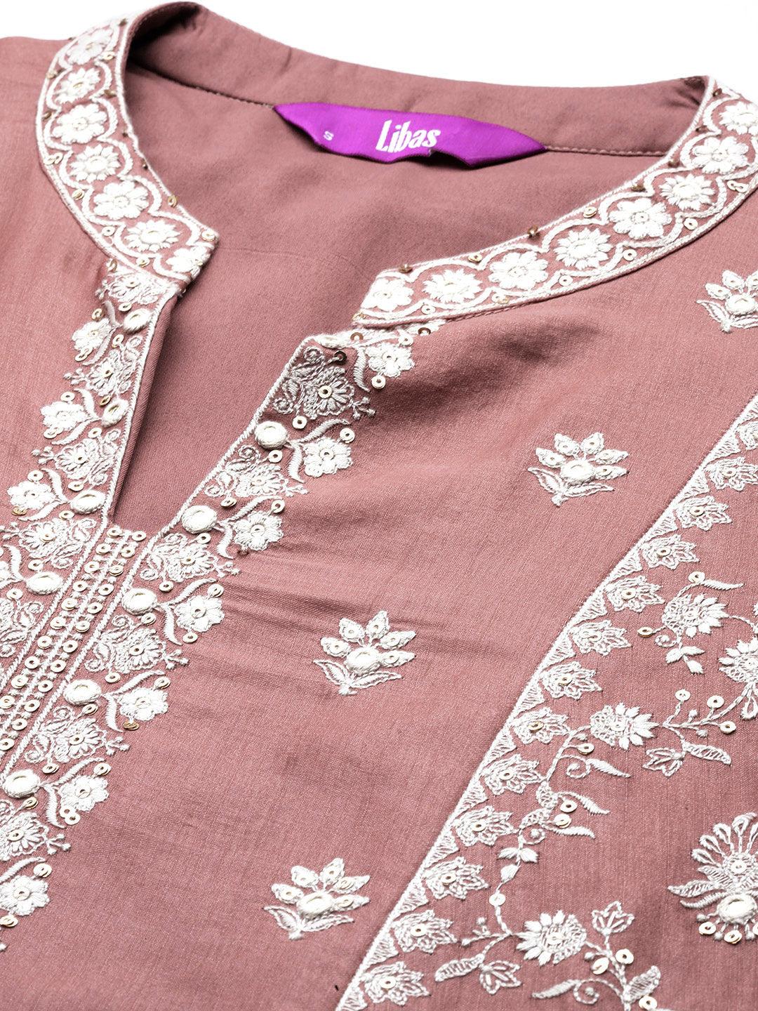 Libas Art Peach Embroidered Silk Blend A-Line Kurta With Trousers & Dupatta