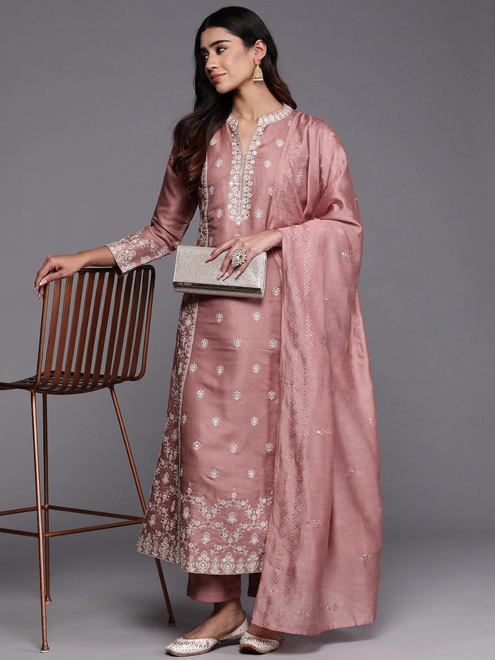 Libas Art Peach Embroidered Silk Blend A-Line Kurta With Trousers & Dupatta - ShopLibas