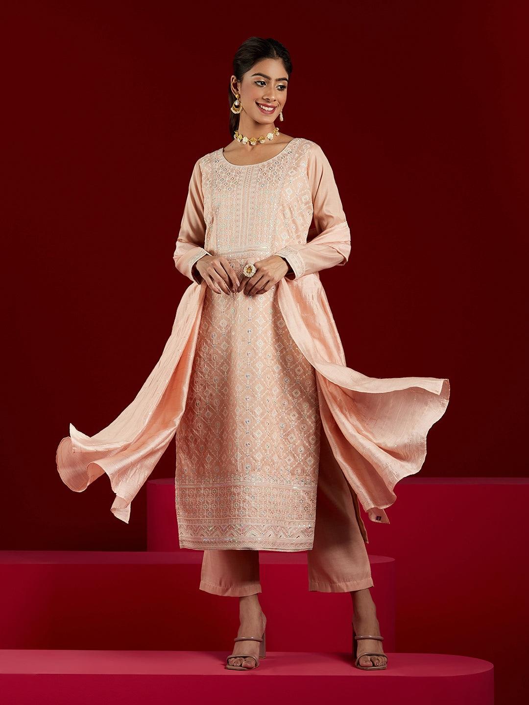 Libas Art Peach Embroidered Silk Blend Straight Suit With Dupatta