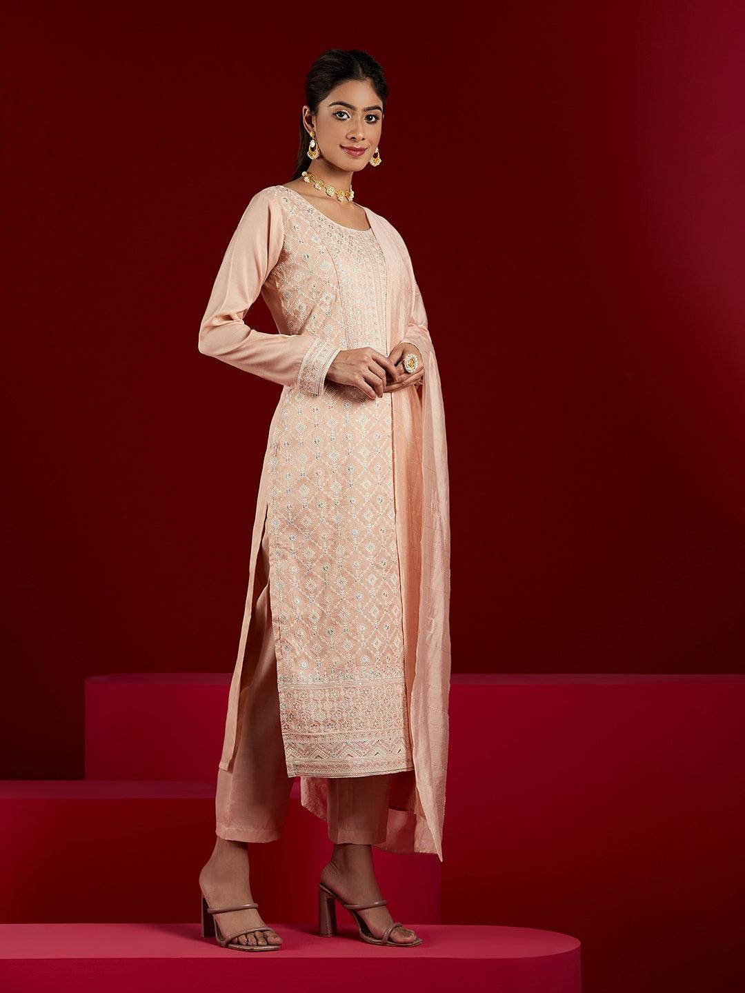 Libas Art Peach Embroidered Silk Blend Straight Suit With Dupatta