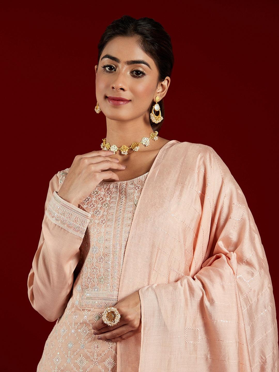 Libas Art Peach Embroidered Silk Blend Straight Suit With Dupatta