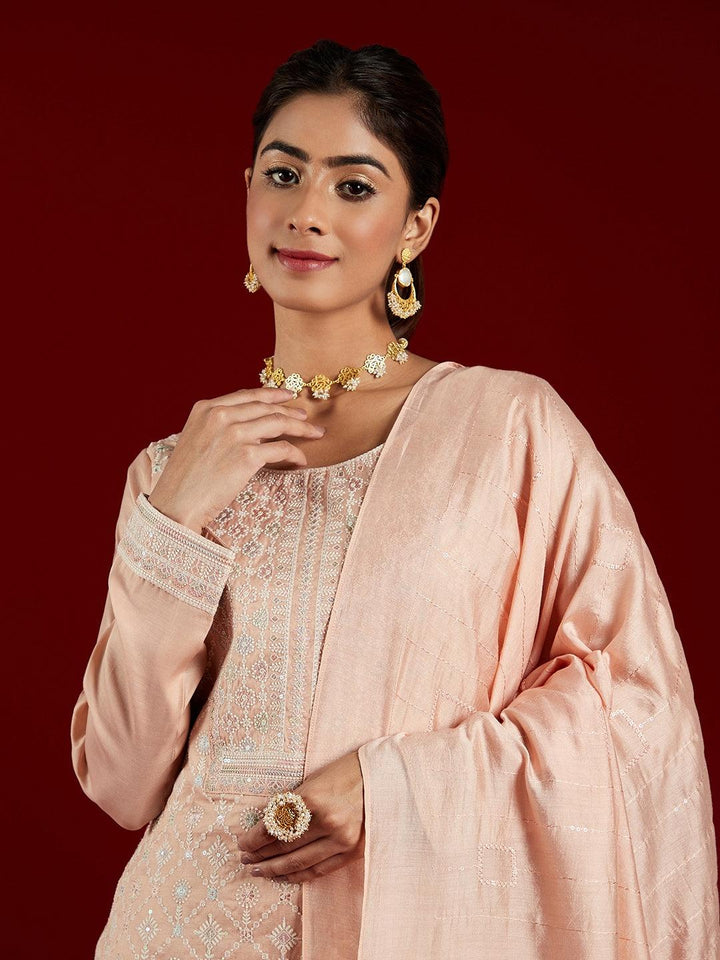 Libas Art Peach Embroidered Silk Blend Straight Kurta With Trousers & Dupatta - ShopLibas