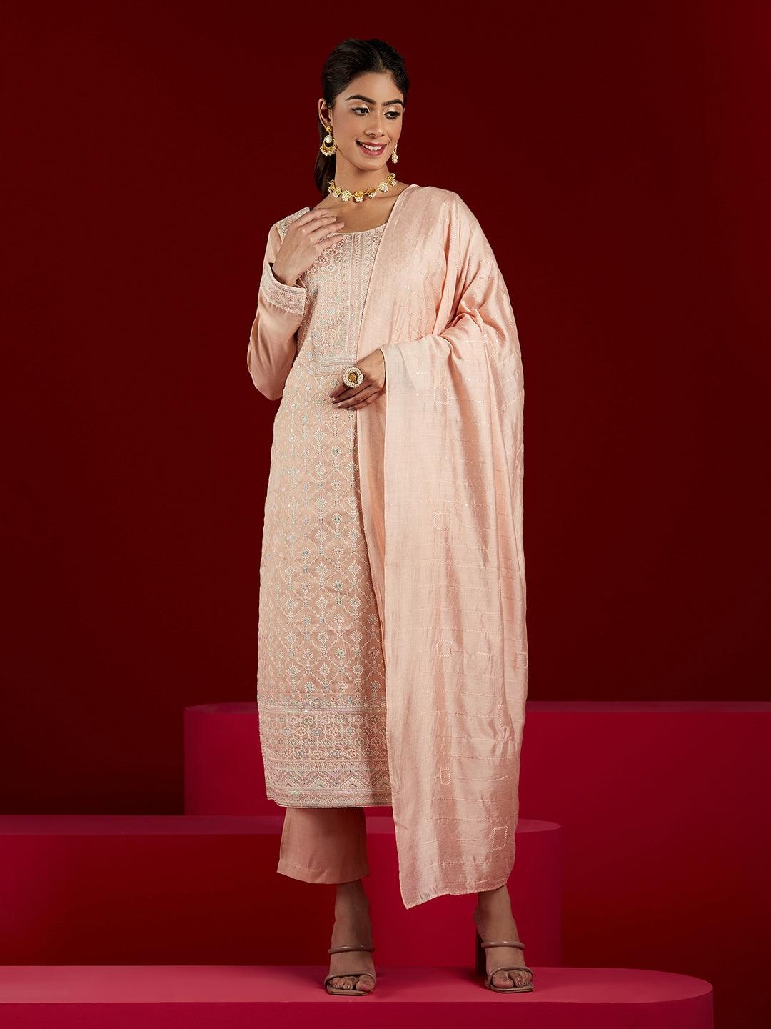 Libas Art Peach Embroidered Silk Blend Straight Kurta With Trousers & Dupatta - ShopLibas