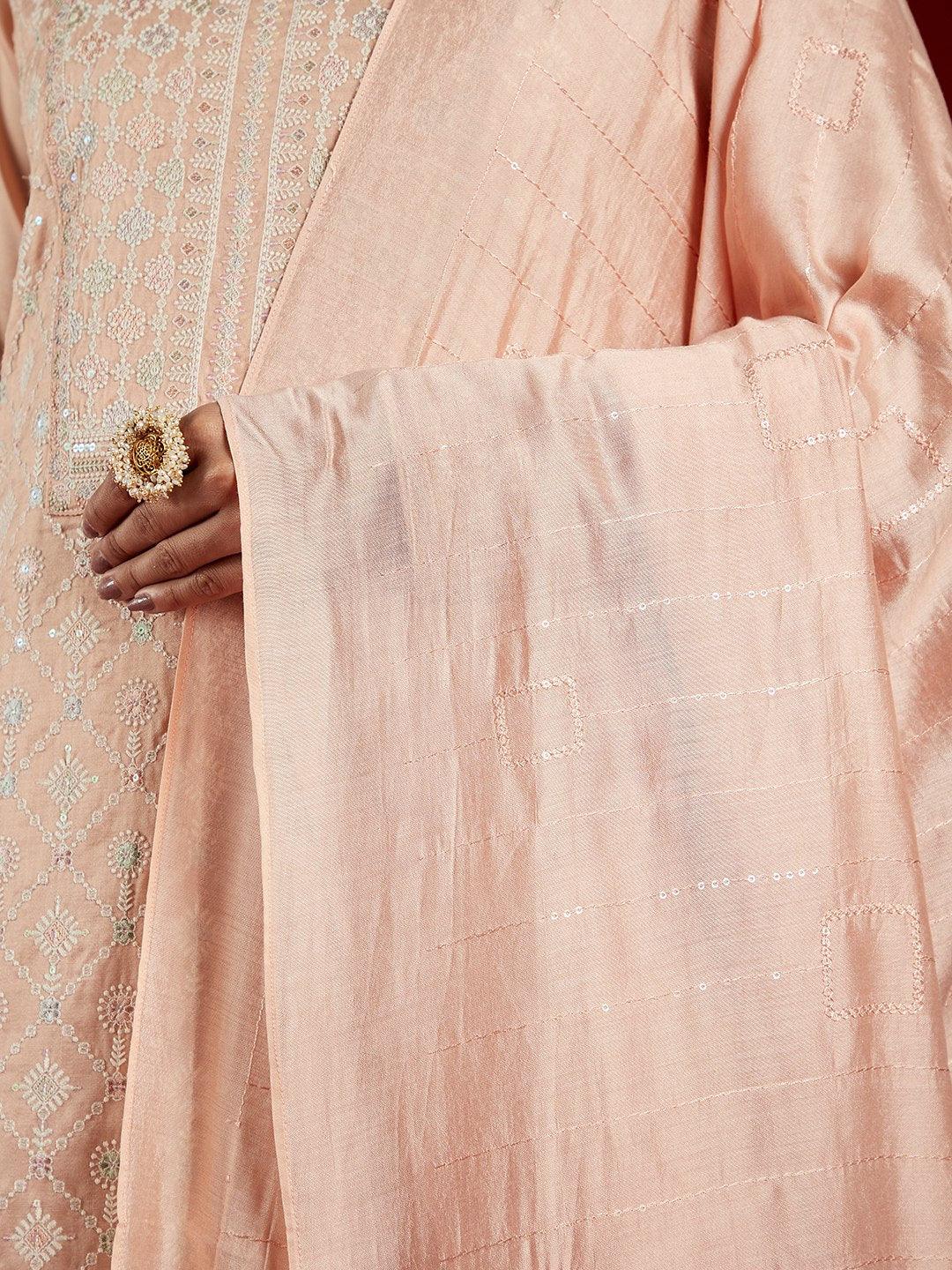 Libas Art Peach Embroidered Silk Blend Straight Kurta With Trousers & Dupatta - ShopLibas