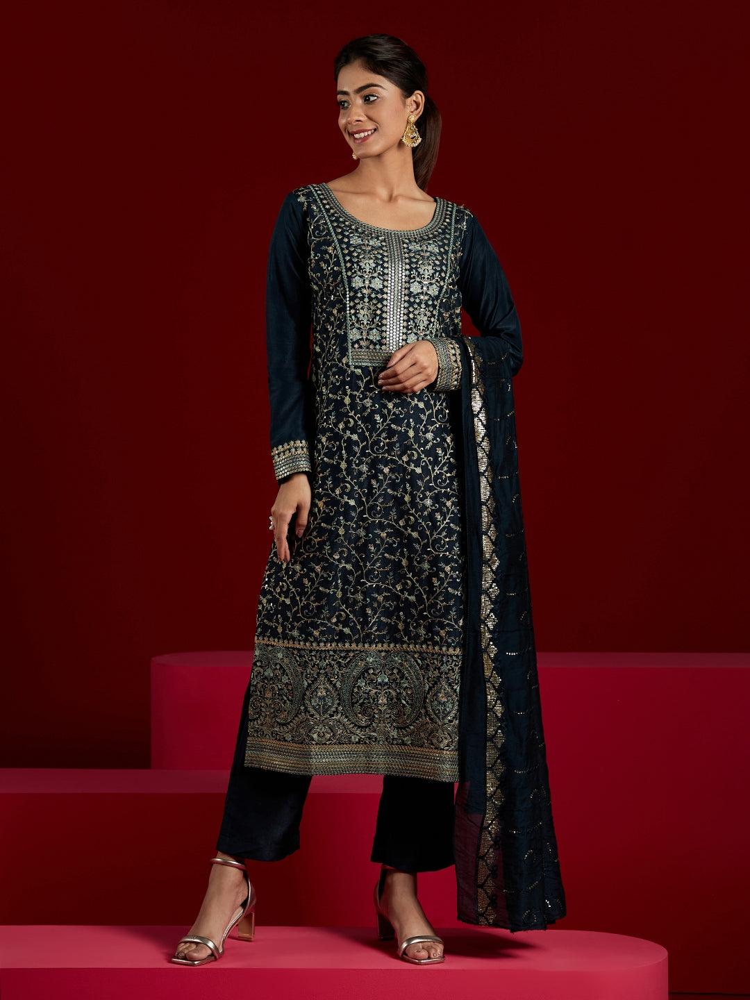 Libas Art Blue Embroidered Silk Blend Straight Suit With Dupatta