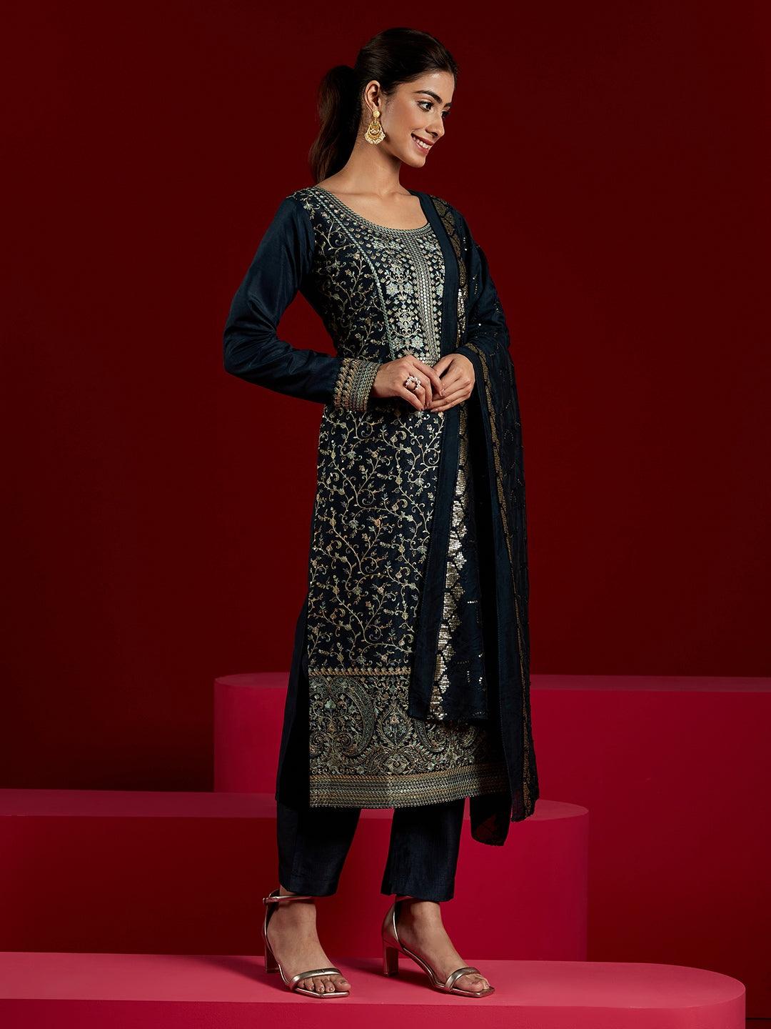 Libas Art Blue Embroidered Silk Blend Straight Suit With Dupatta