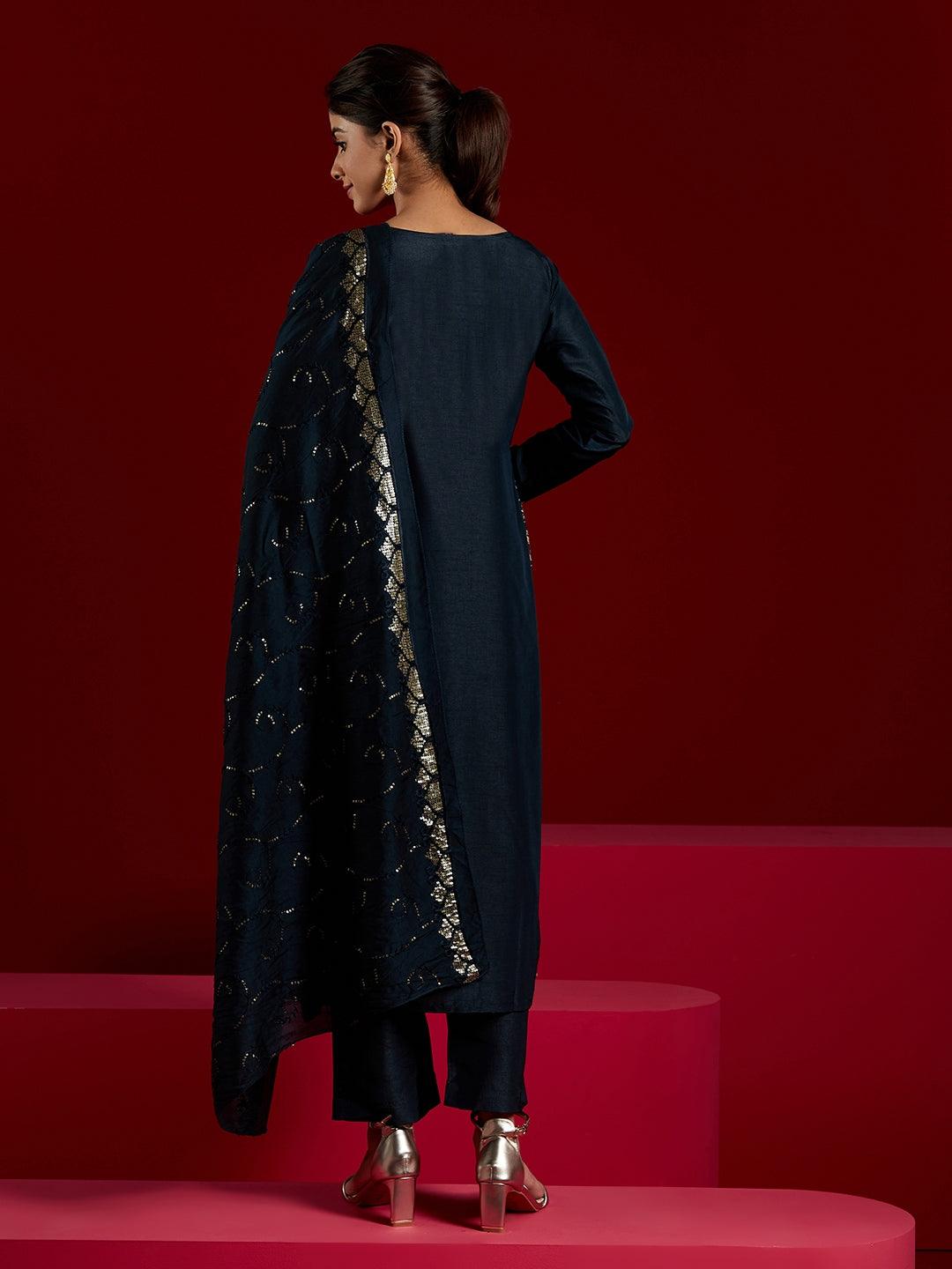 Libas Art Blue Embroidered Silk Blend Straight Suit With Dupatta