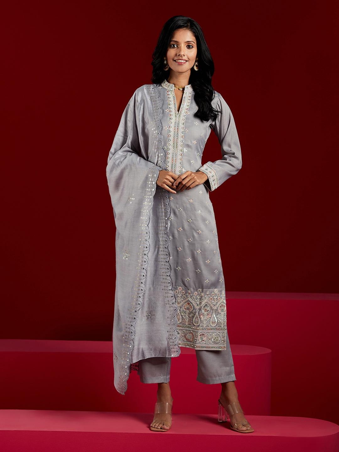 Libas Art Grey Embroidered Silk Blend Straight Suit With Dupatta