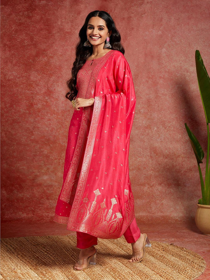 Pink Woven Design Silk Straight Kurta With Trousers & Dupatta - ShopLibas