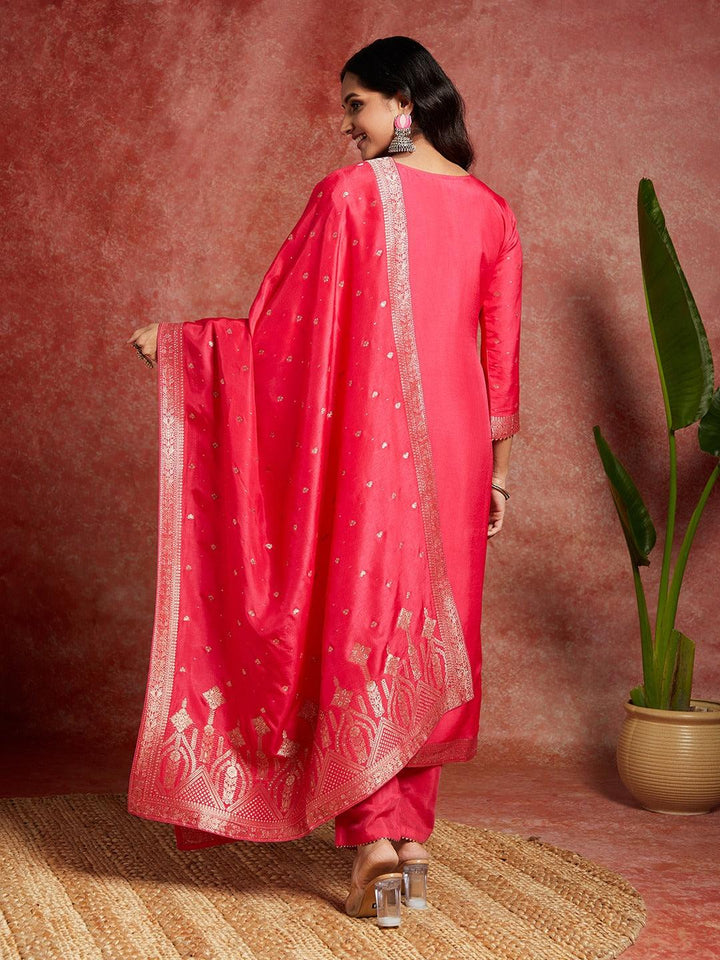 Pink Woven Design Silk Straight Kurta With Trousers & Dupatta - ShopLibas