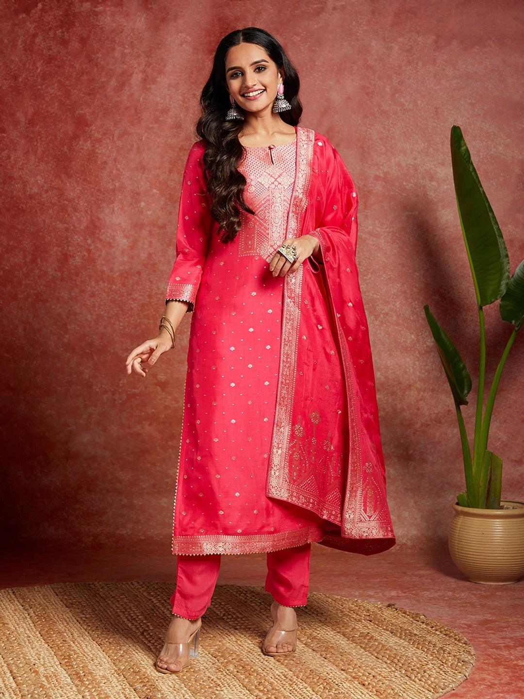 Pink Woven Design Silk Straight Kurta With Trousers & Dupatta - ShopLibas