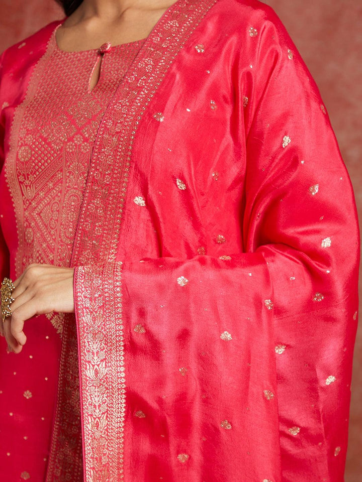 Pink Woven Design Silk Straight Kurta With Trousers & Dupatta - ShopLibas