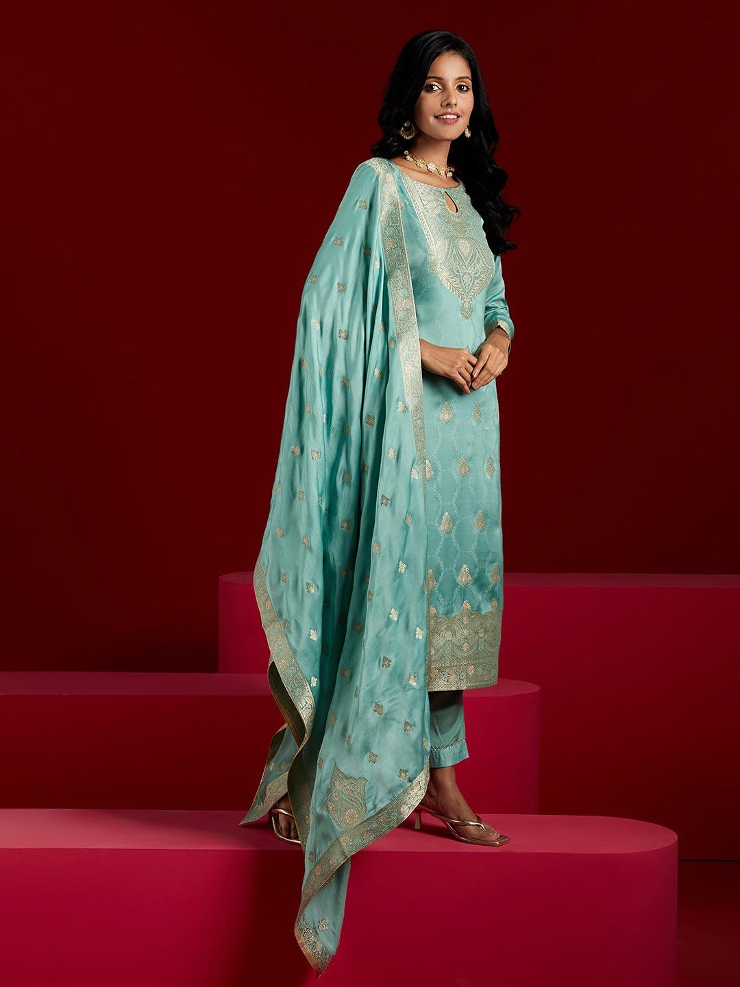 Libas Art Turquoise Self Design Silk Straight Suit With Dupatta