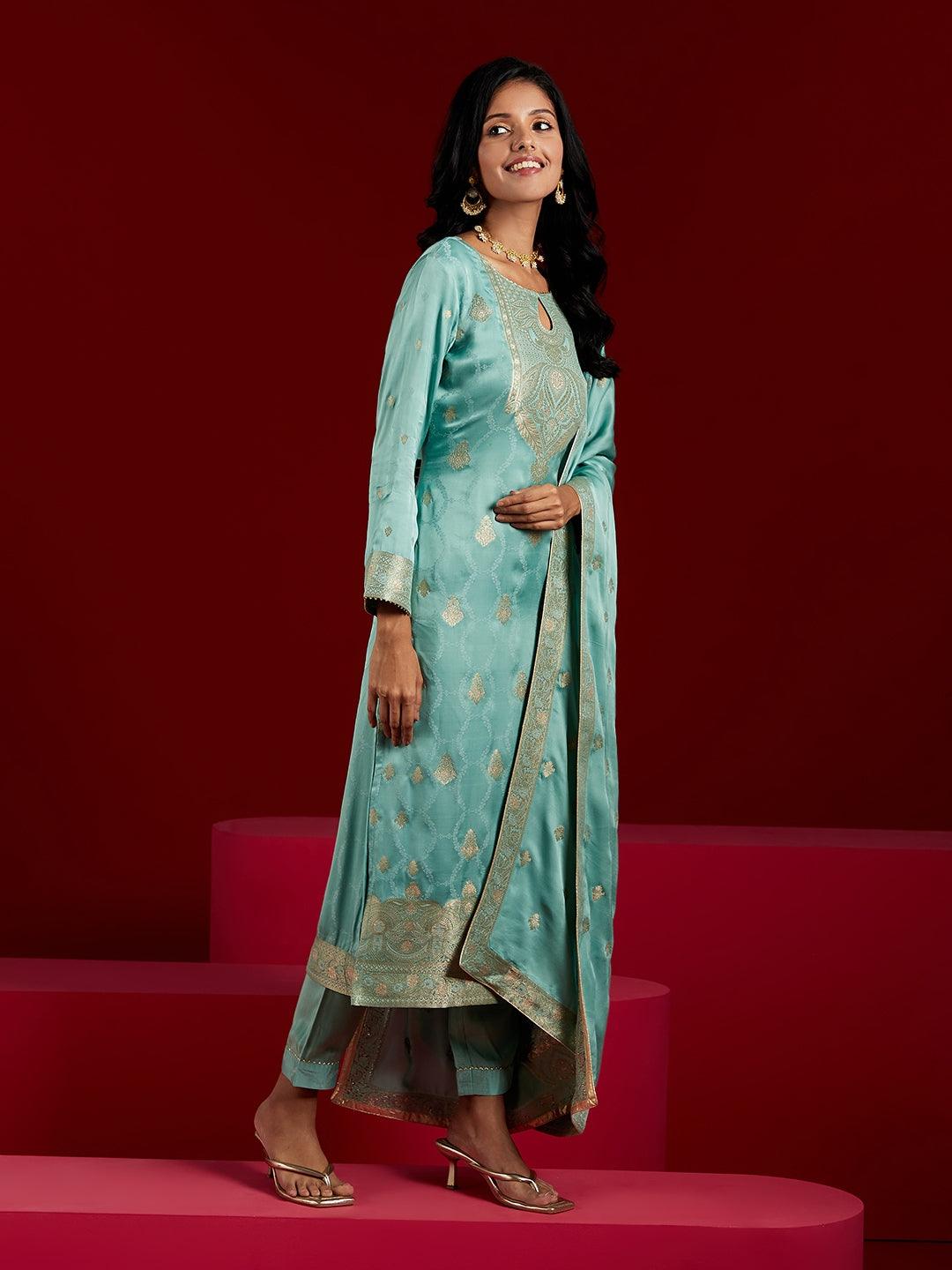 Libas Art Turquoise Self Design Silk Straight Suit With Dupatta