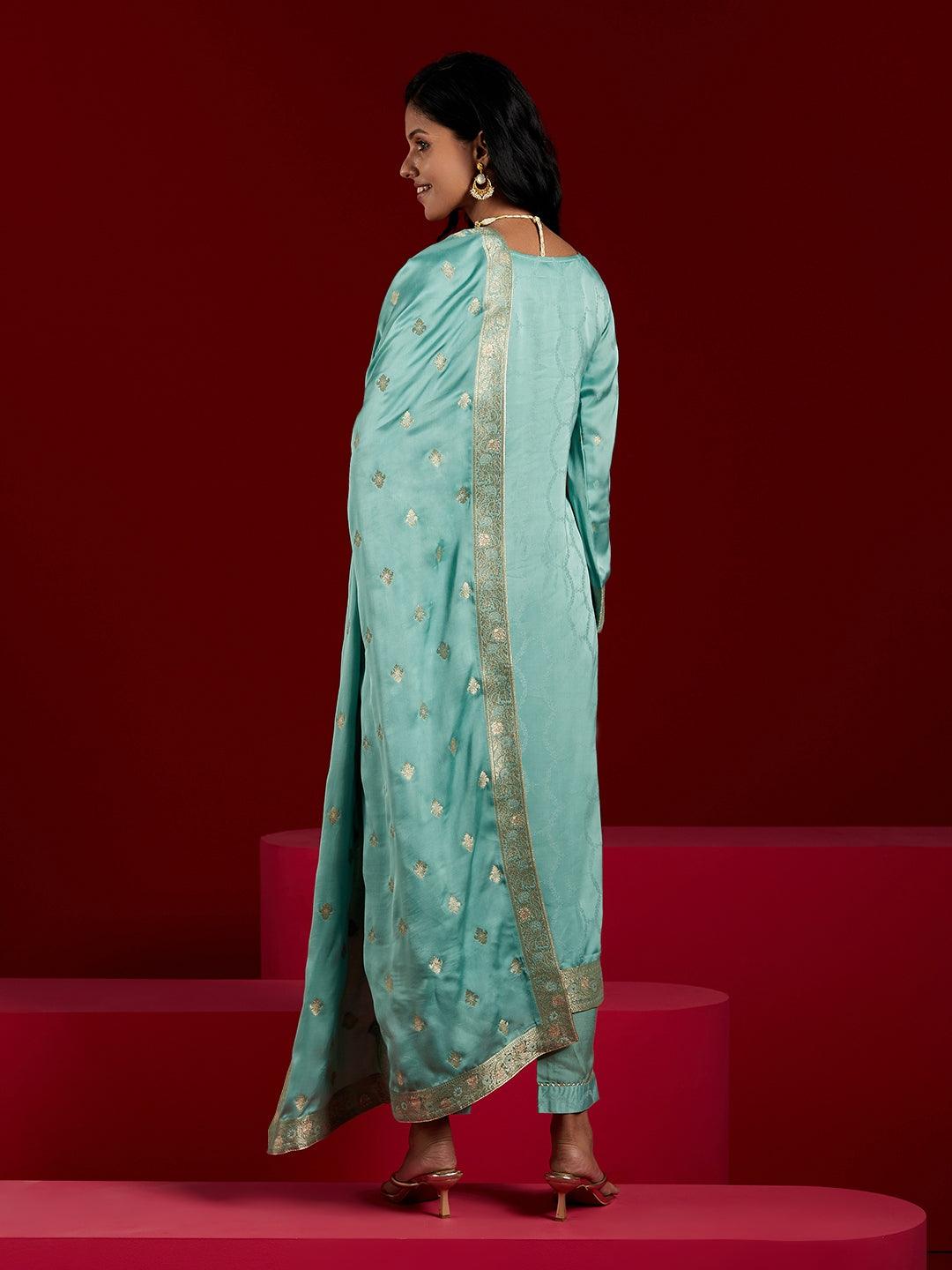 Libas Art Turquoise Self Design Silk Straight Suit With Dupatta