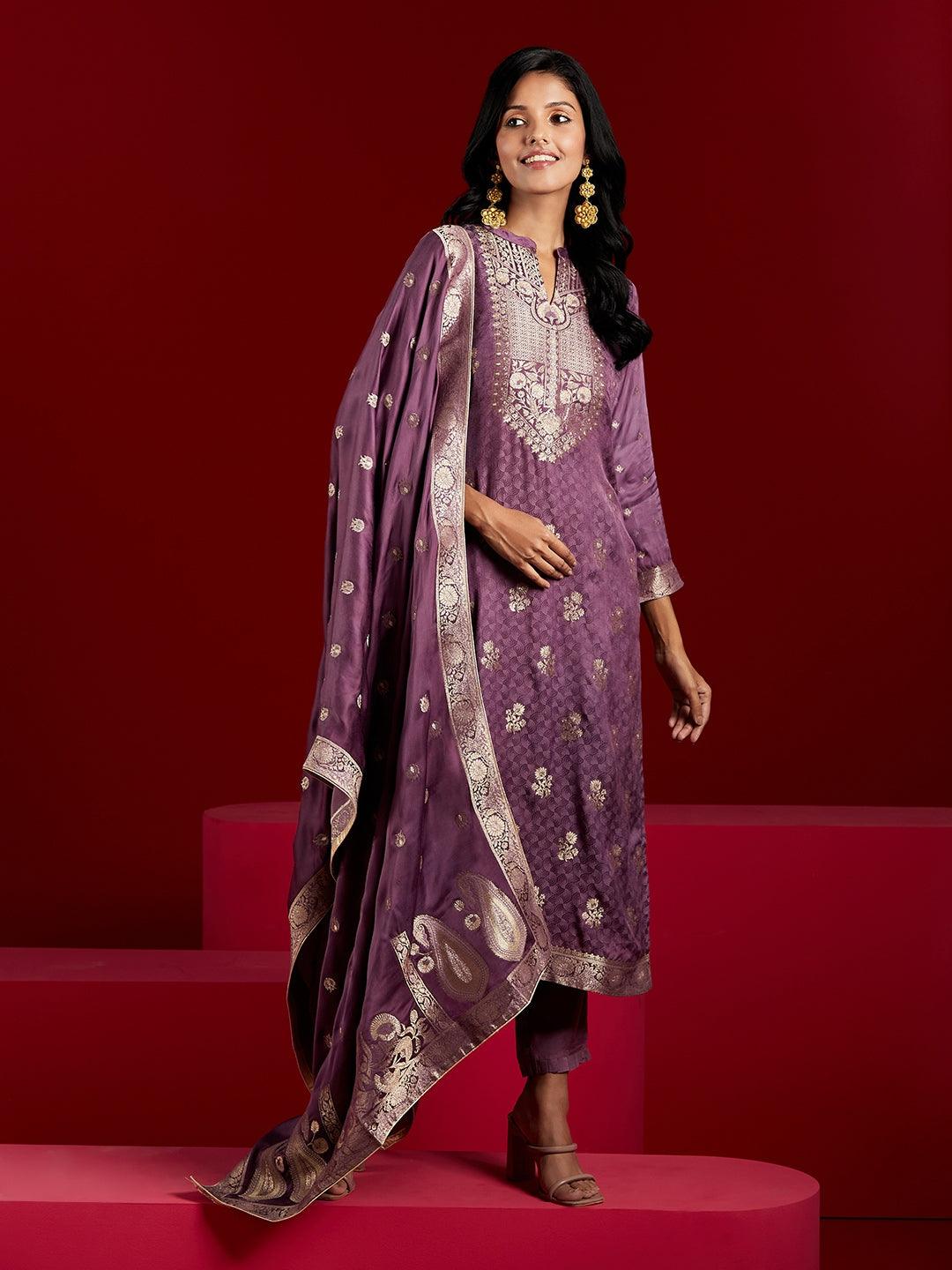 Libas Art Purple Self Design Silk Straight Suit With Dupatta