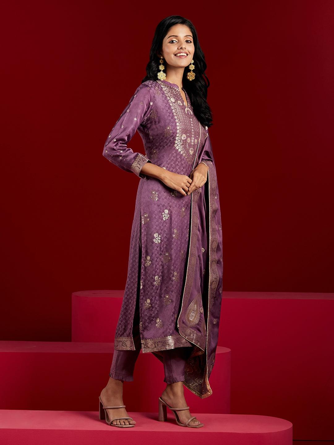 Libas Art Purple Self Design Silk Straight Suit With Dupatta