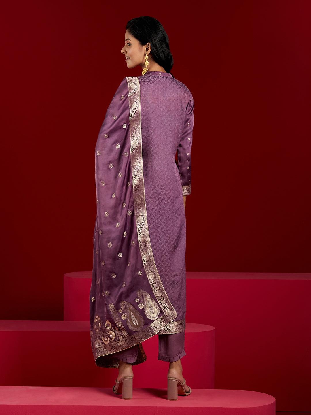 Libas Art Purple Self Design Silk Straight Suit With Dupatta