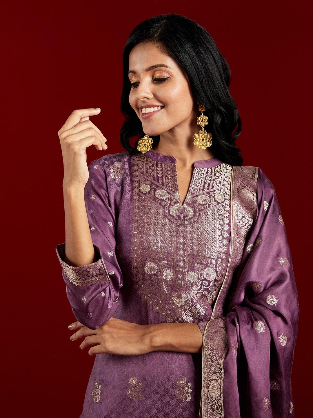 Libas Art Purple Self Design Silk Straight Suit With Dupatta