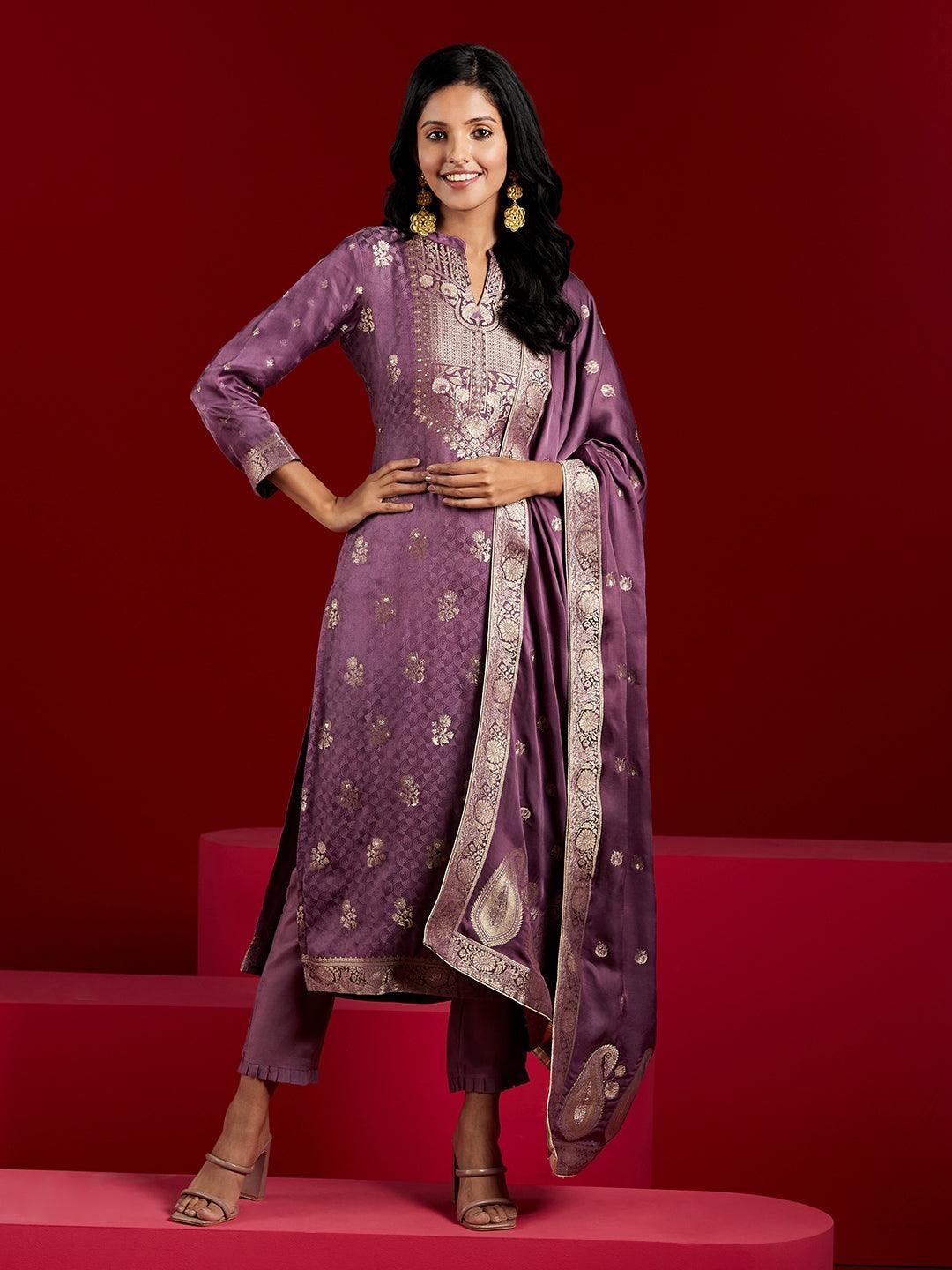 Libas Art Purple Self Design Silk Straight Suit With Dupatta