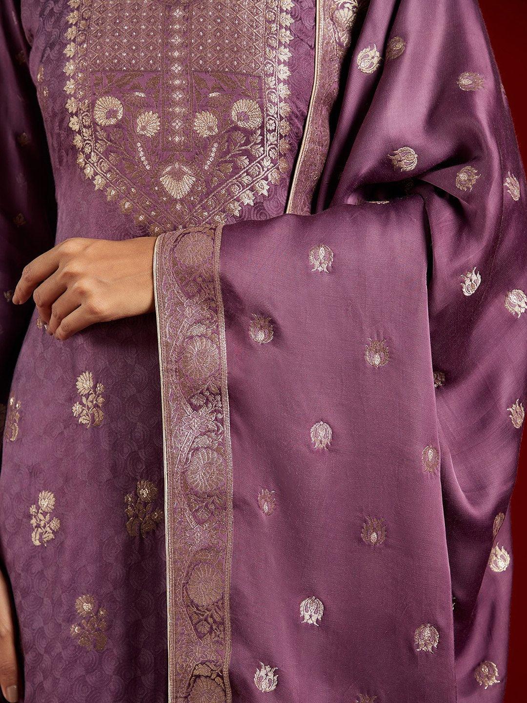 Libas Art Purple Self Design Silk Straight Suit With Dupatta