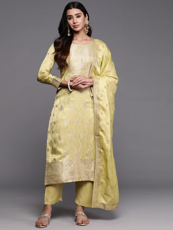 Libas Art Lime Green Woven Design Silk Straight Kurta With Trousers & Dupatta - ShopLibas