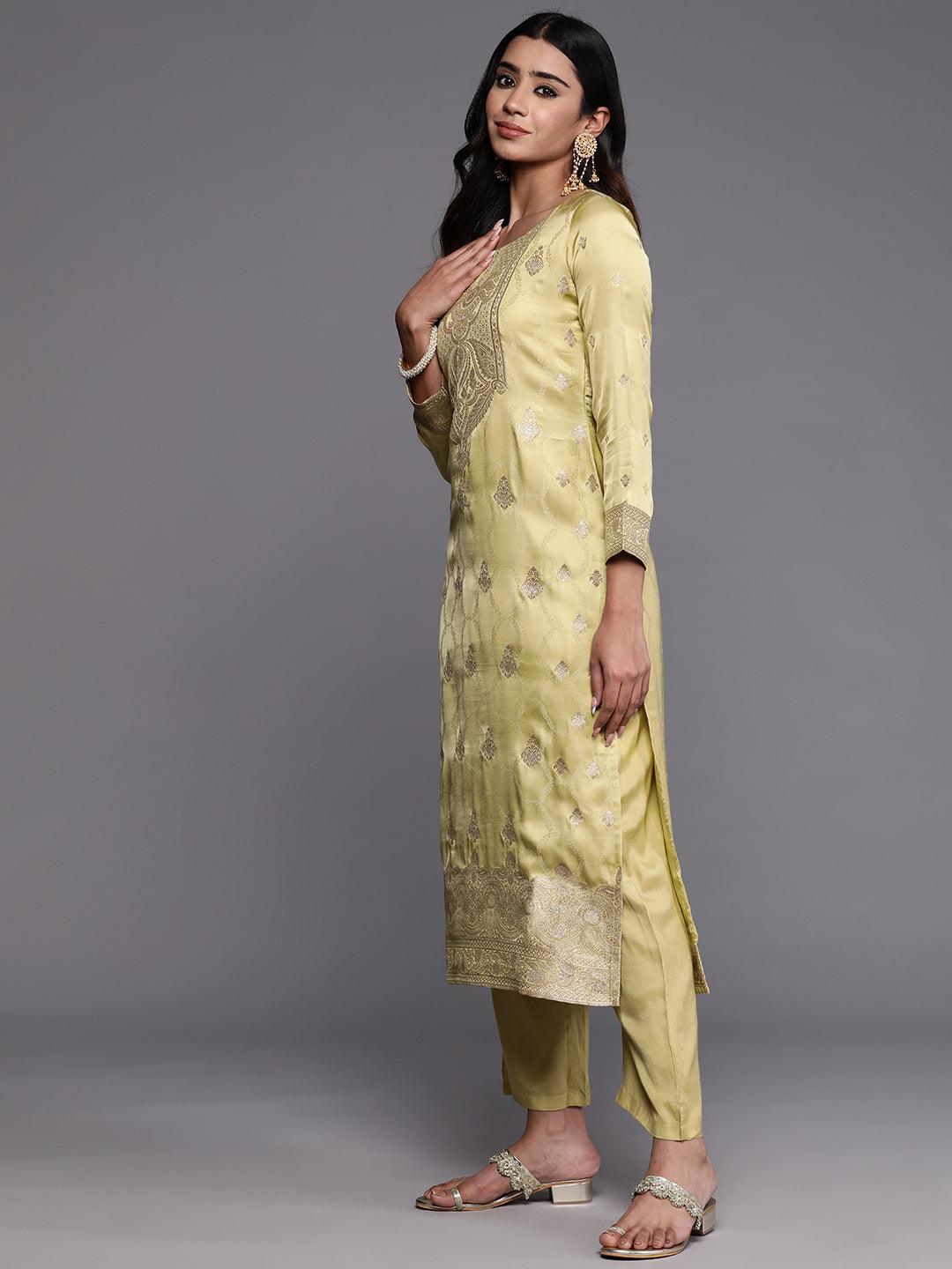 Libas Art Lime Green Woven Design Silk Straight Kurta With Trousers & Dupatta - ShopLibas