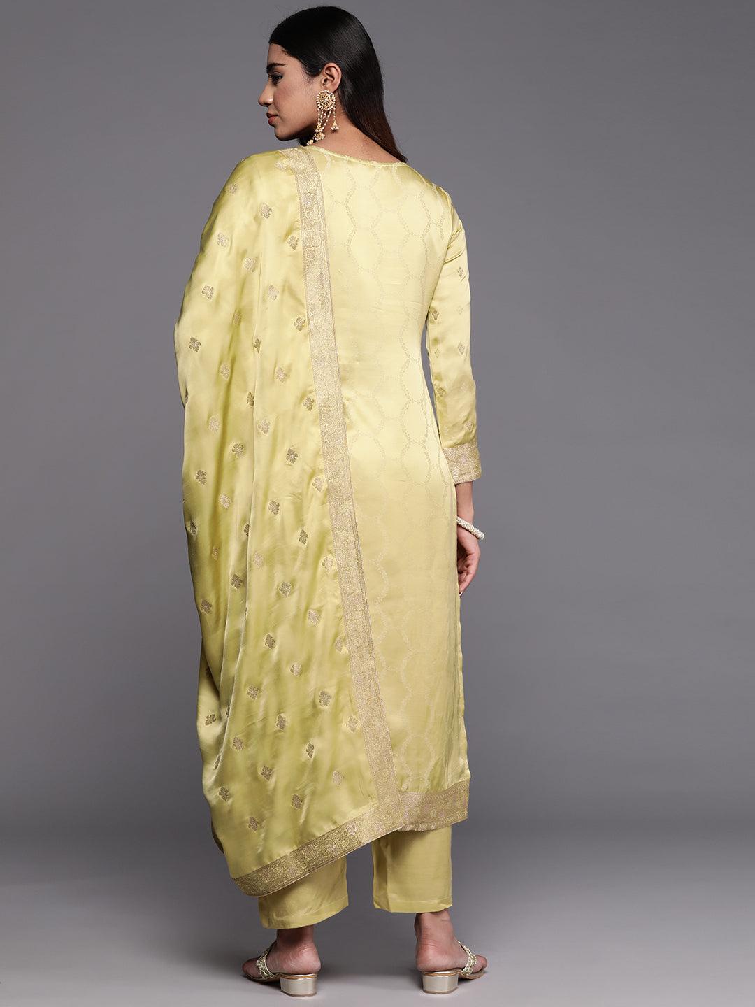 Libas Art Lime Green Woven Design Silk Straight Kurta With Trousers & Dupatta - ShopLibas