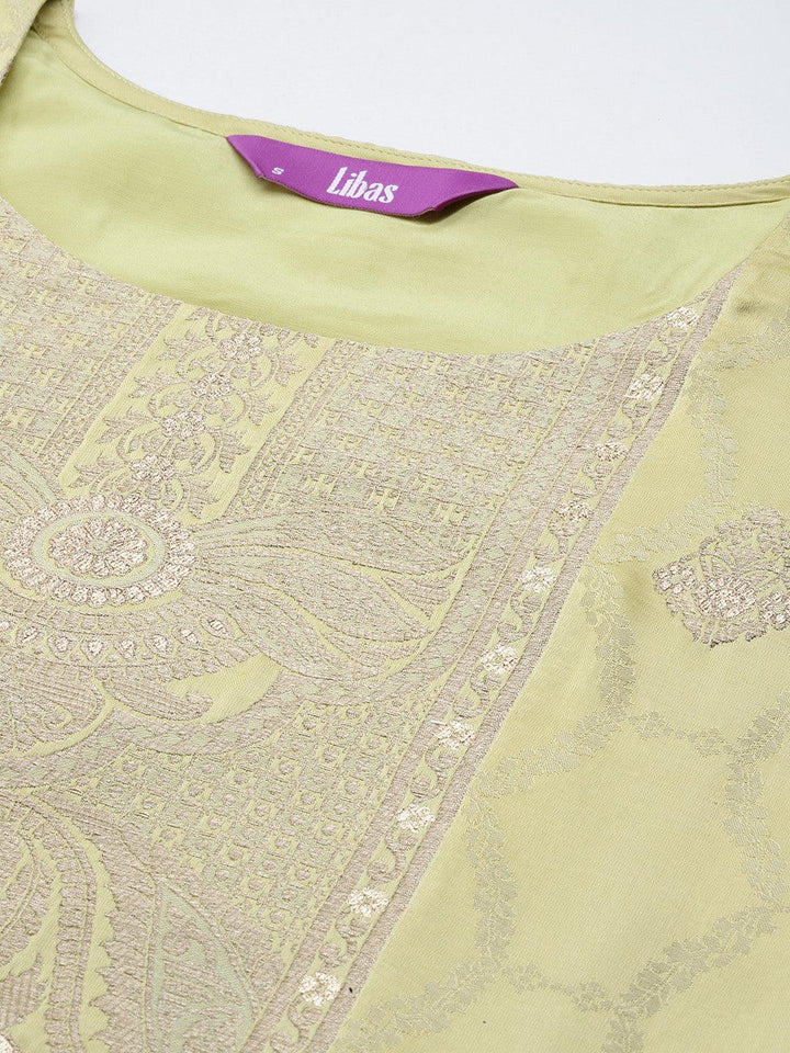 Libas Art Lime Green Woven Design Silk Straight Kurta With Trousers & Dupatta - ShopLibas