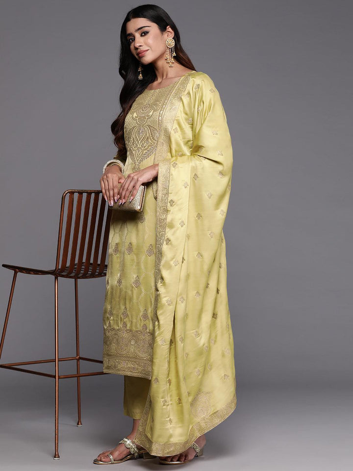 Libas Art Lime Green Woven Design Silk Straight Kurta With Trousers & Dupatta - ShopLibas