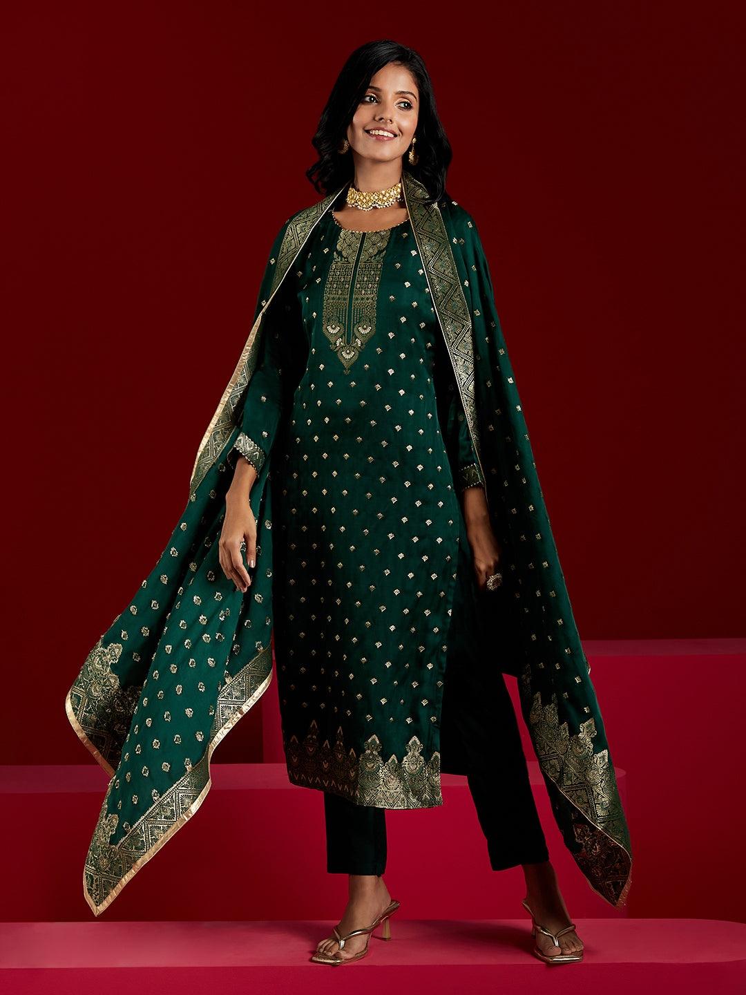 Libas Art Green Woven Design Silk Straight Suit With Dupatta