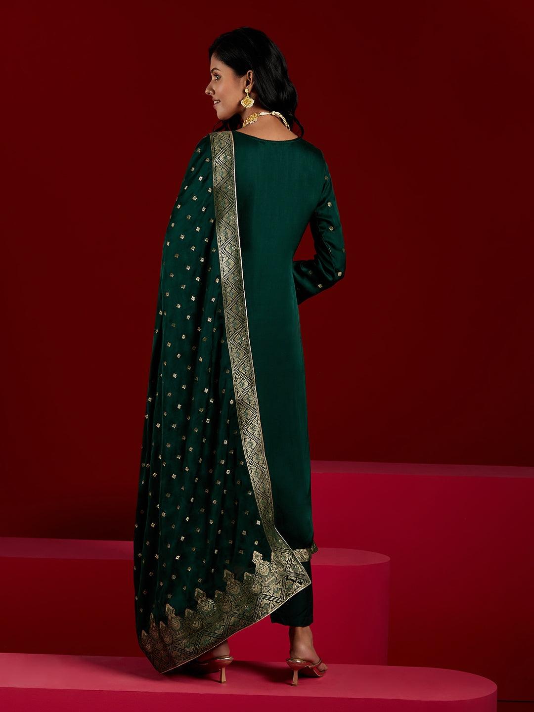 Libas Art Green Woven Design Silk Straight Suit With Dupatta