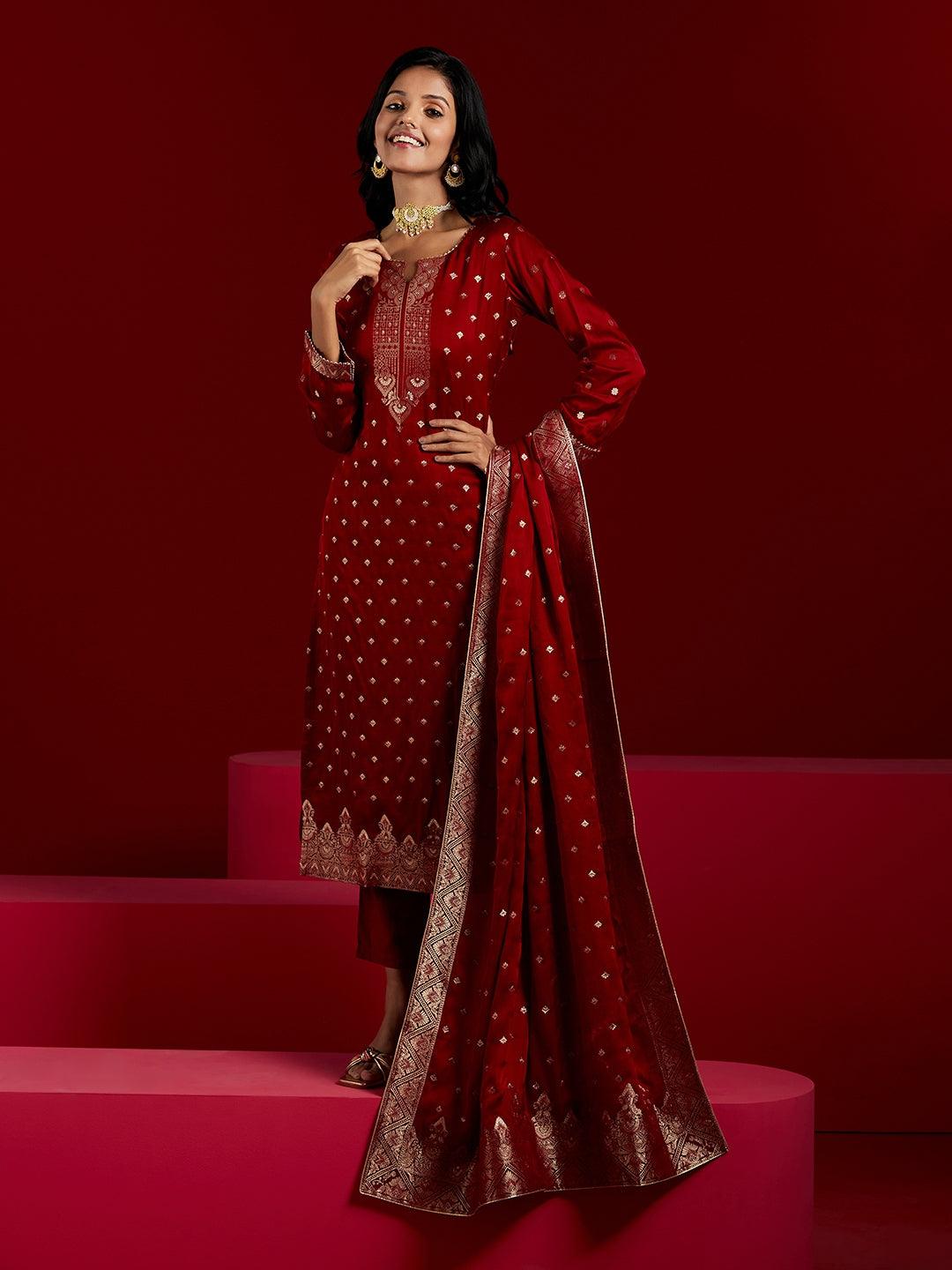 Libas Art Maroon Woven Design Silk Straight Suit With Dupatta