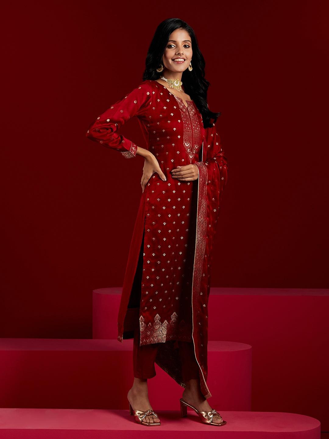 Libas Art Maroon Woven Design Silk Straight Suit With Dupatta