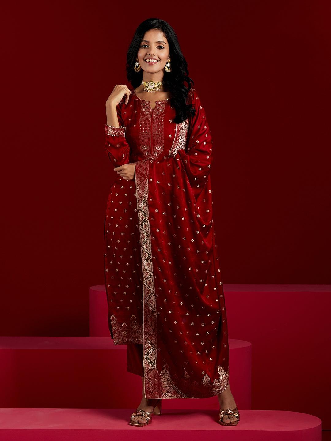 Libas Art Maroon Woven Design Silk Straight Suit With Dupatta