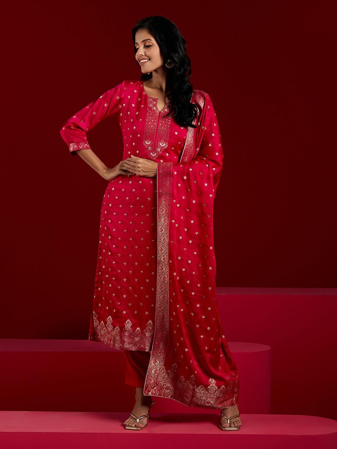 Libas Art Pink Woven Design Silk Straight Suit With Dupatta