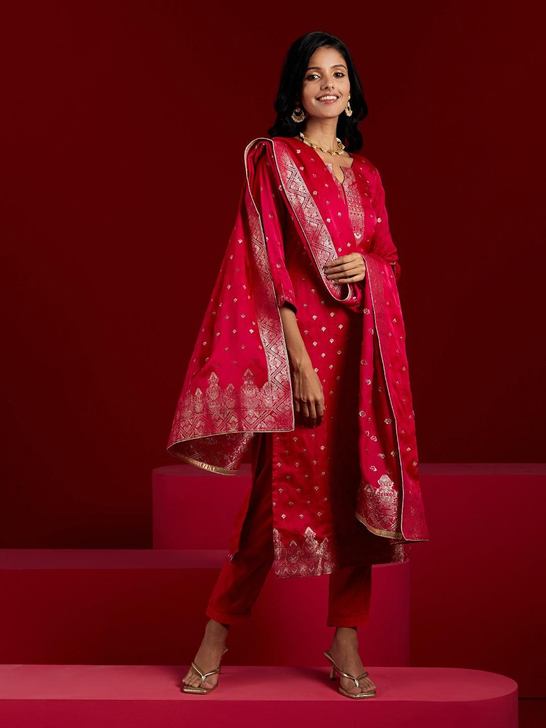 Libas Art Pink Woven Design Silk Straight Suit With Dupatta