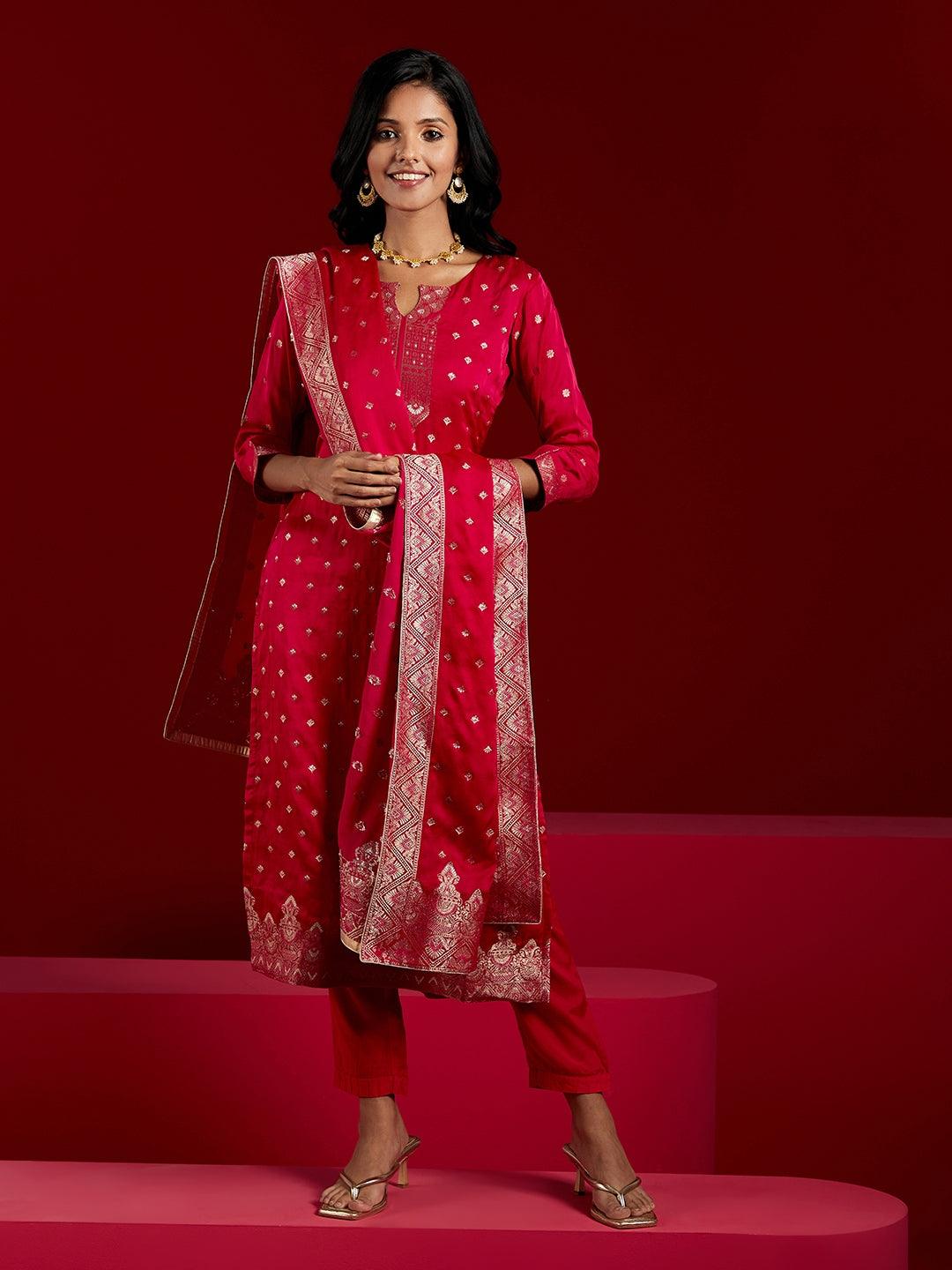 Libas Art Pink Woven Design Silk Straight Suit With Dupatta