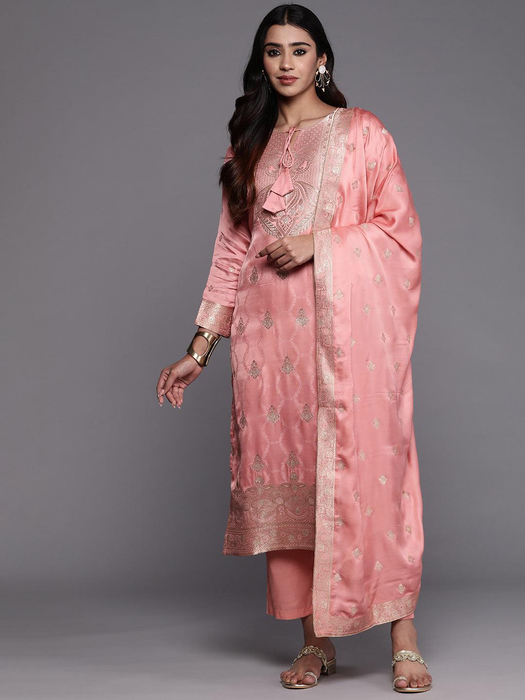 Libas Art Peach Woven Design Silk Straight Kurta With Trousers & Dupatta - ShopLibas