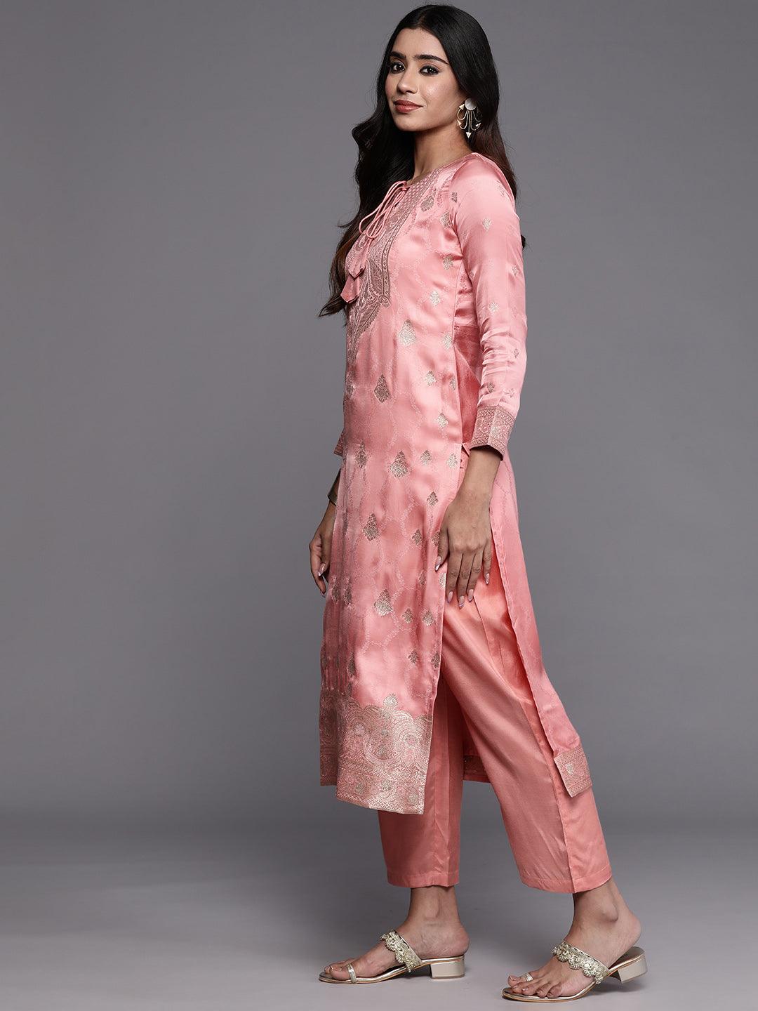 Libas Art Peach Woven Design Silk Straight Kurta With Trousers & Dupatta - ShopLibas