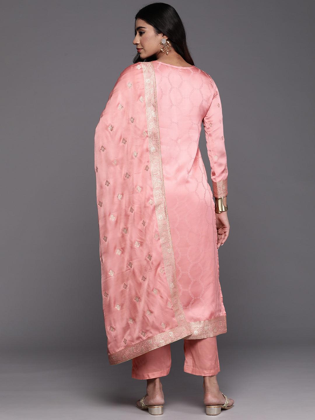 Libas Art Peach Woven Design Silk Straight Kurta With Trousers & Dupatta - ShopLibas