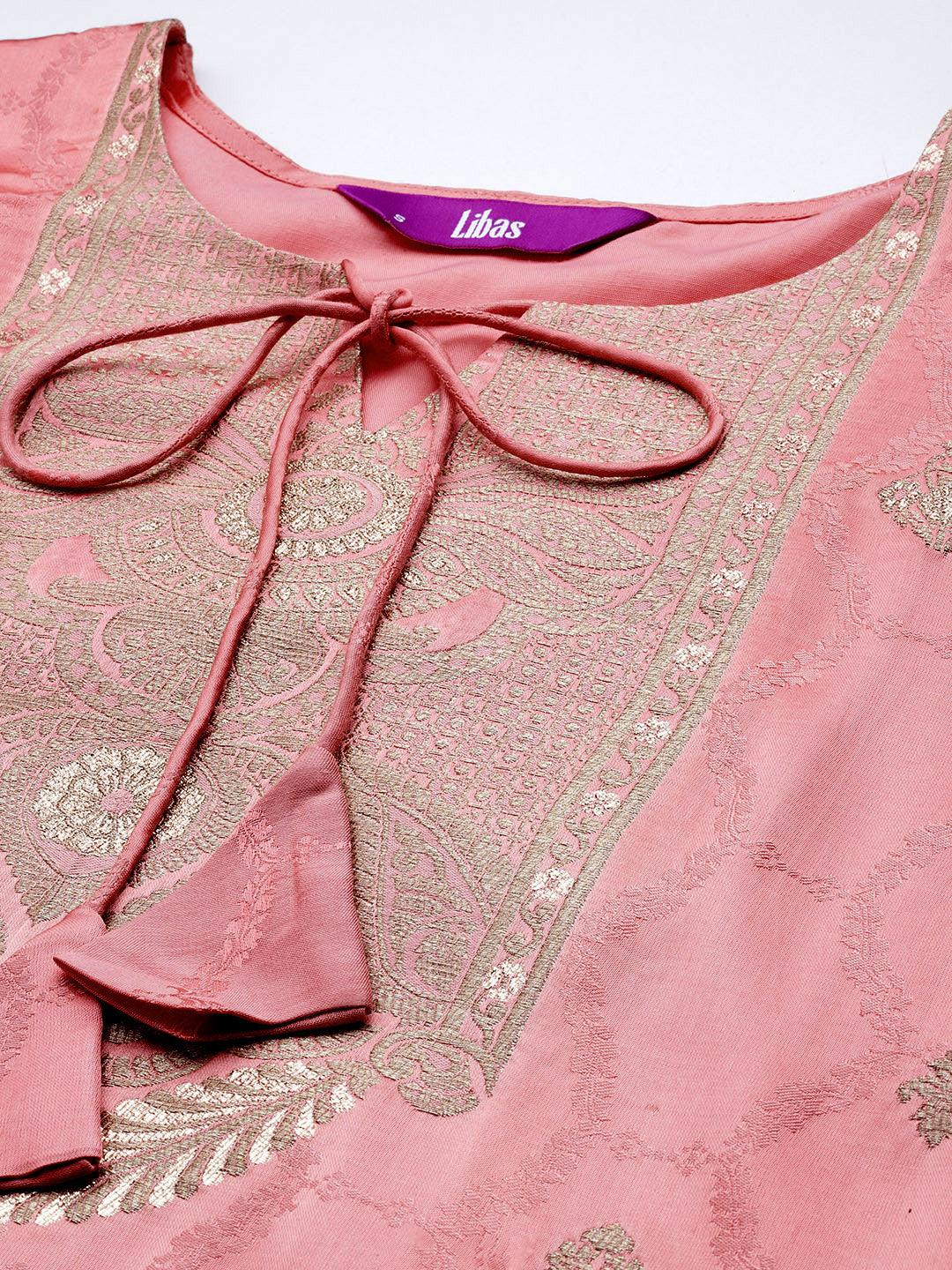 Libas Art Peach Woven Design Silk Straight Suit With Dupatta