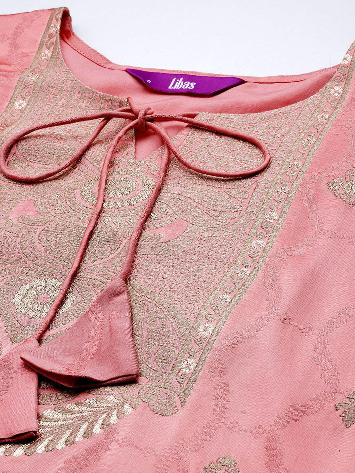 Libas Art Peach Woven Design Silk Straight Kurta With Trousers & Dupatta - ShopLibas