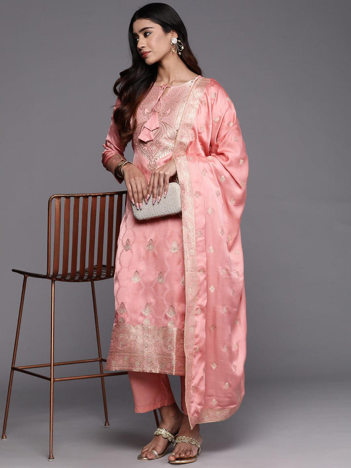 Libas Art Peach Woven Design Silk Straight Kurta With Trousers & Dupatta - ShopLibas