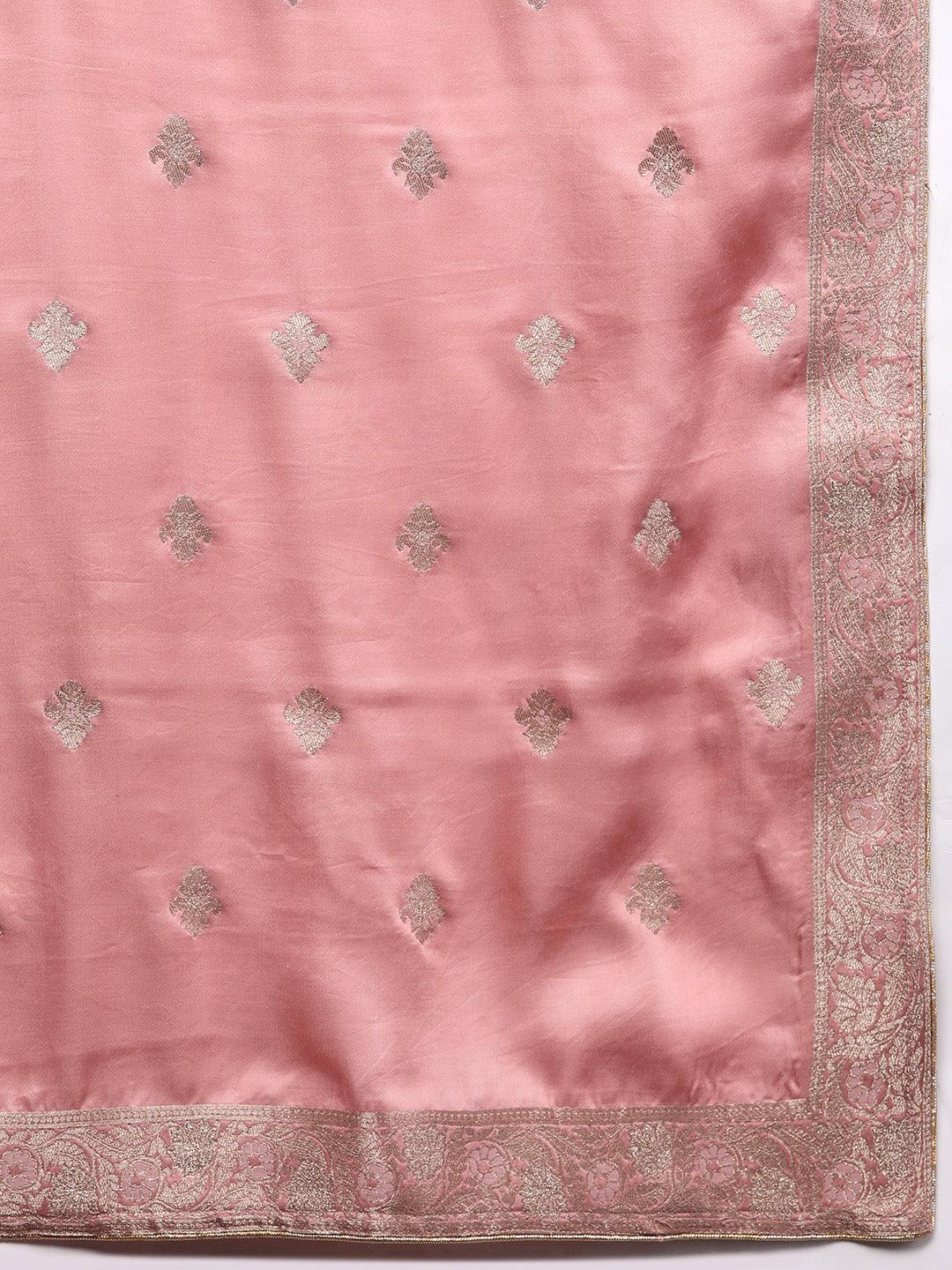 Libas Art Peach Woven Design Silk Straight Suit With Dupatta